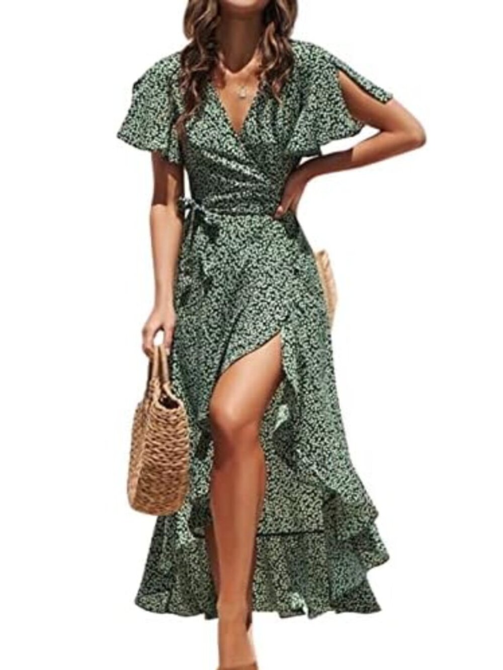 Cupshe Green Floral Wrap Maxi Dress Sz M Short Sleeve V-Neck High Slit Boho